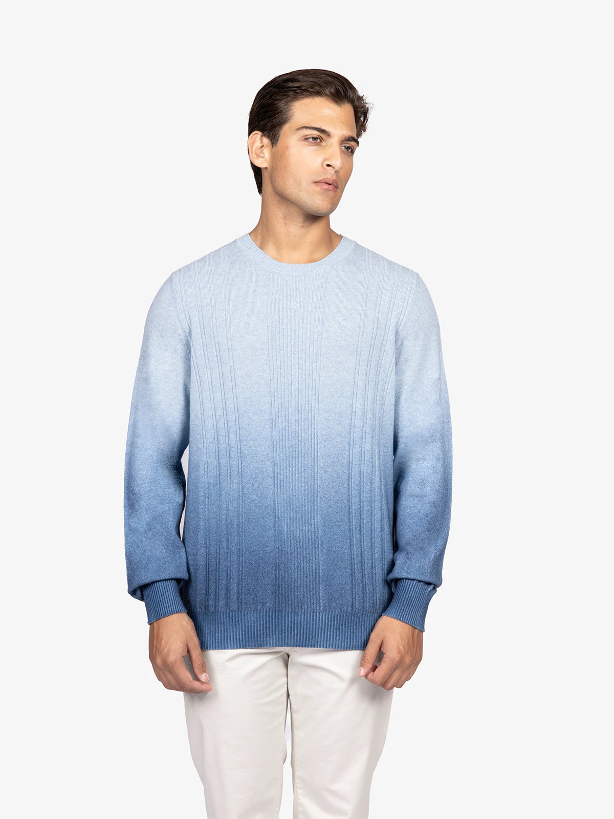 Girocollo a coste in 100% Cashmere celeste e blu | SVEVO