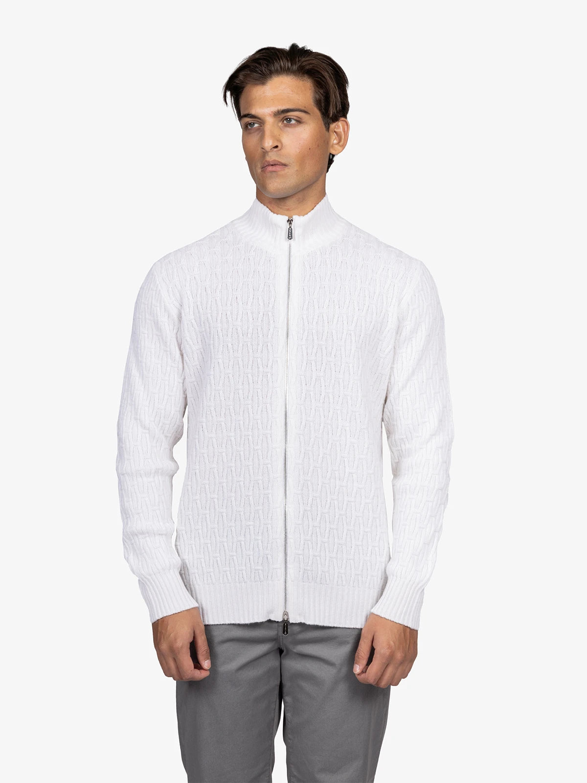 Giubbotto con zip punto fantasia in 100% Cashmere bianco | SVEVO