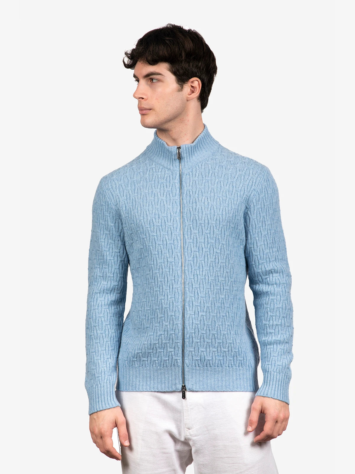 Giubbotto con zip punto fantasia in 100% Cashmere celeste | SVEVO