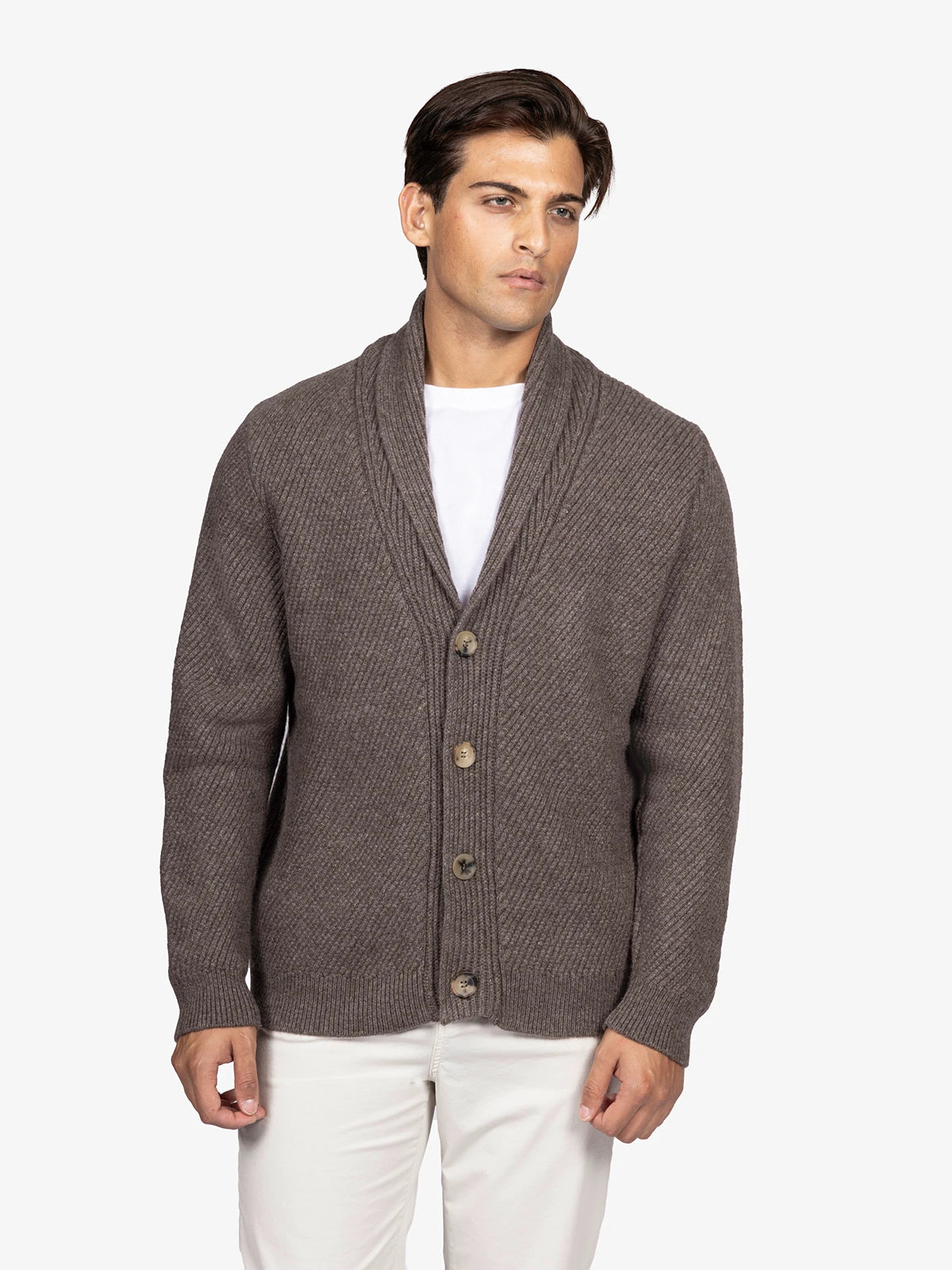 Cardigan con collo a scialle in 100% Cashmere marrone | SVEVO