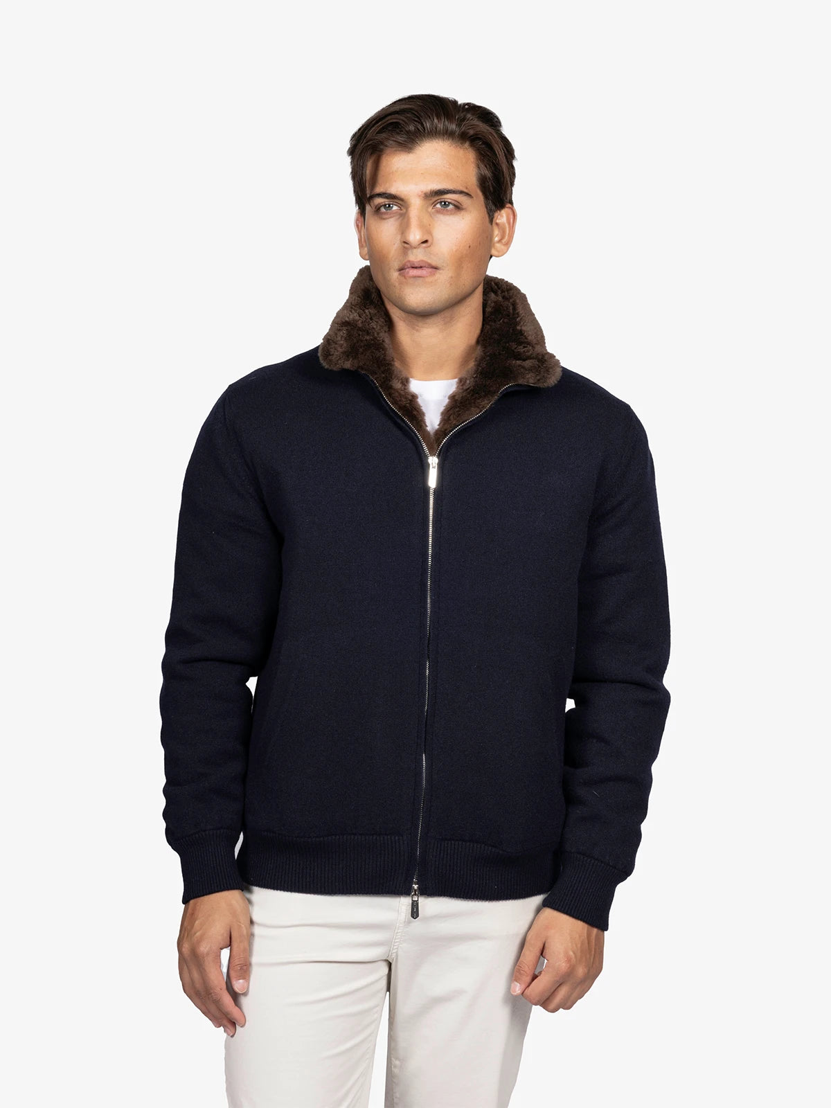 Giubbotto full zip interno capra in 100% cashmere blu | SVEVO