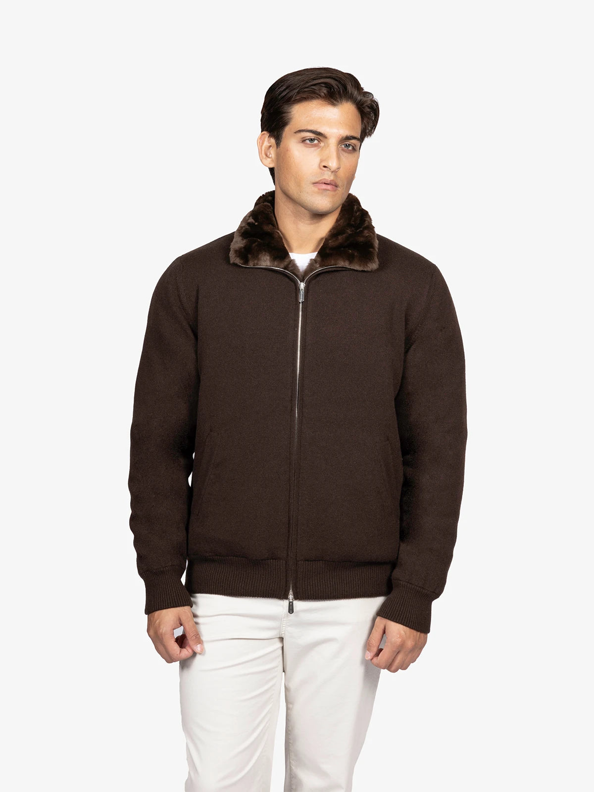 Giubbotto con interno castorino in 100% Cashmere marrone | SVEVO