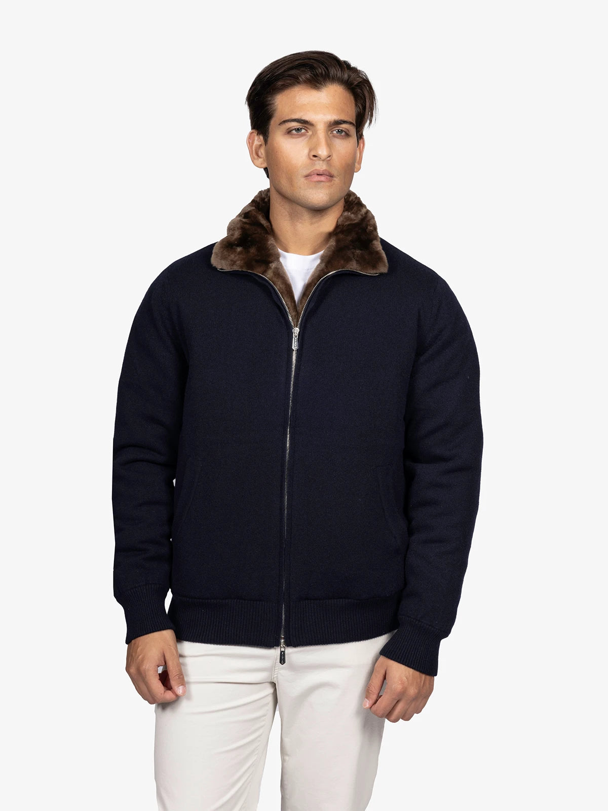 Giubbotto con interno castorino in 100% Cashmere blu | SVEVO