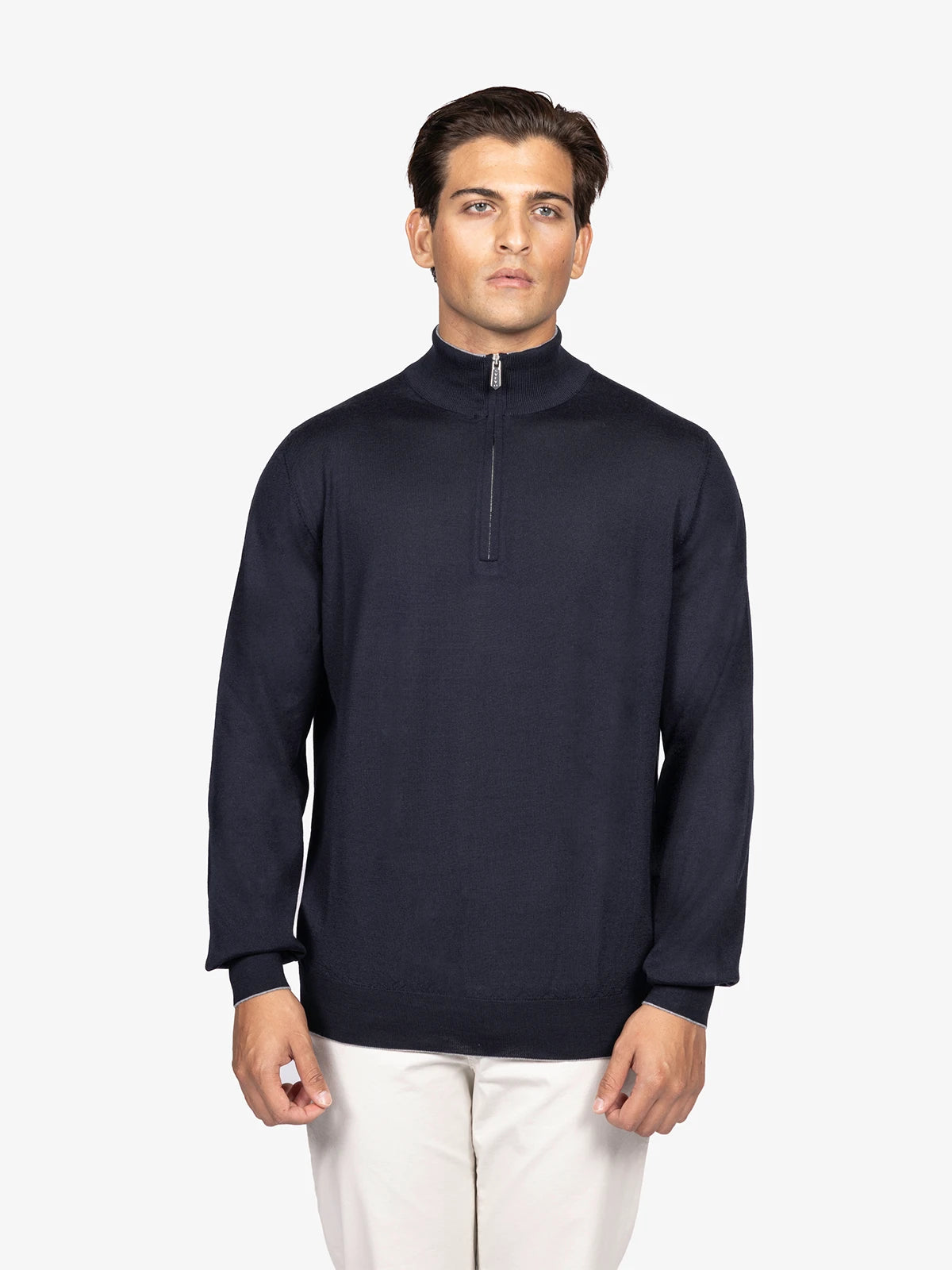 Lupetto con zip e profilo a contrasto in 100% Lana blu | SVEVO