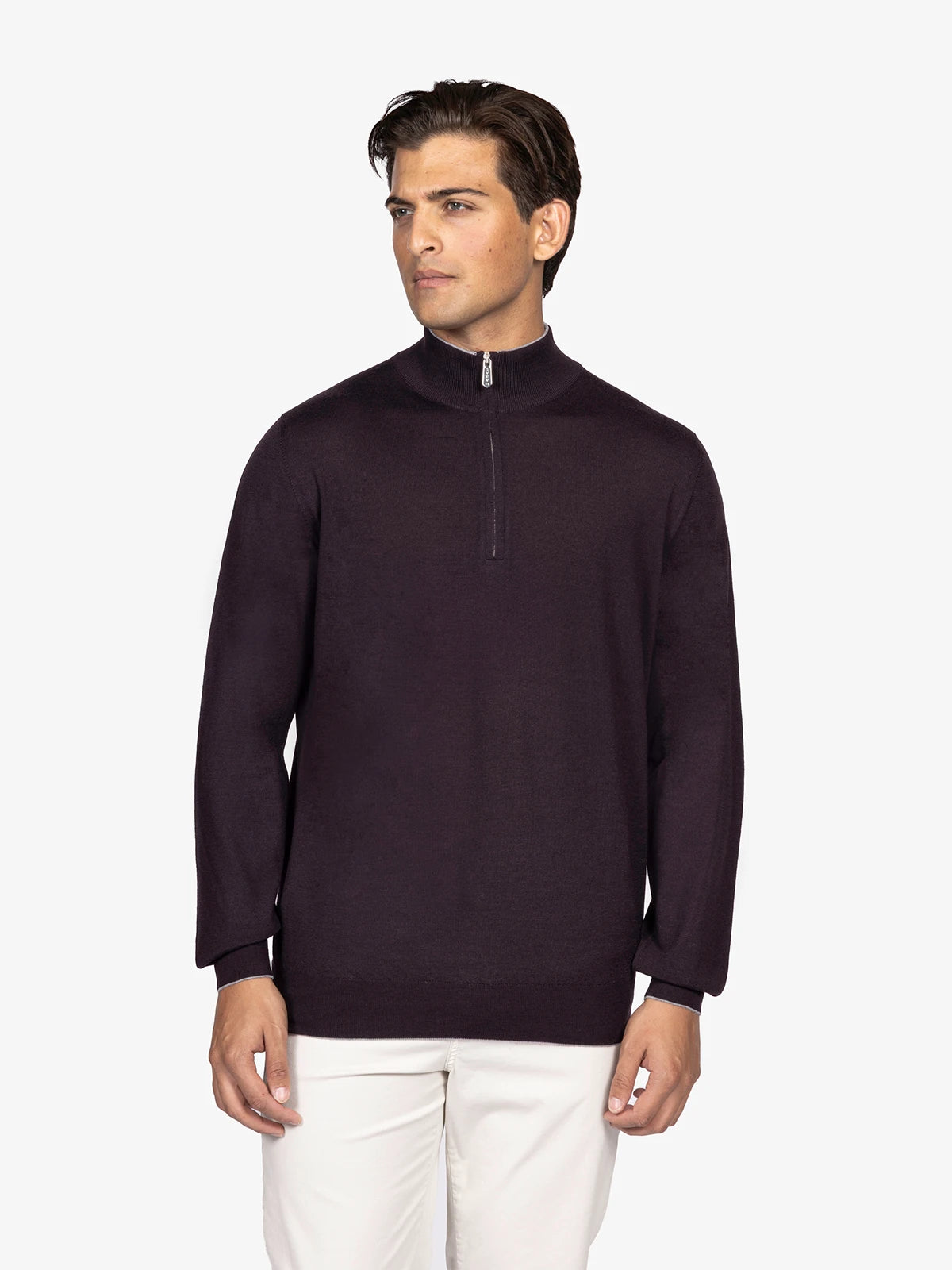 Lupetto con zip e profilo a contrasto in 100% Lana prugna | SVEVO