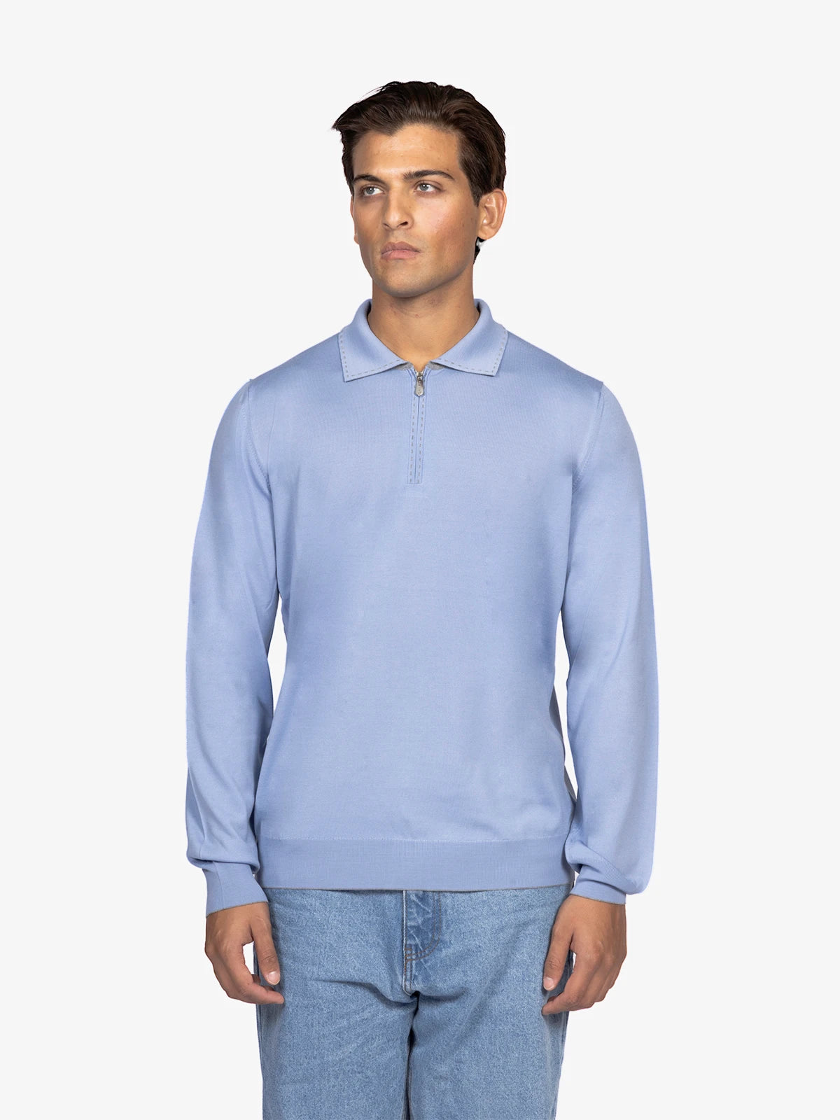 Polo con zip e trattegi in 100% Lana azzurro | SVEVO