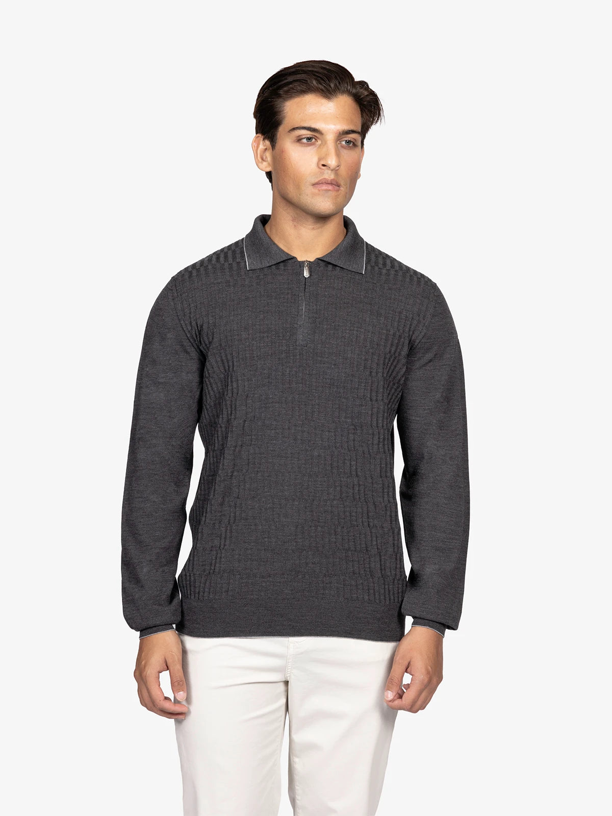 Polo con zip lavorata in 100% Lana grigio antracite | SVEVO