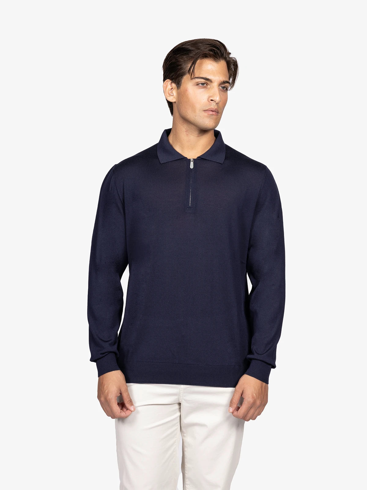 Polo con zip e manica lunga in 100% Lana blu | SVEVO