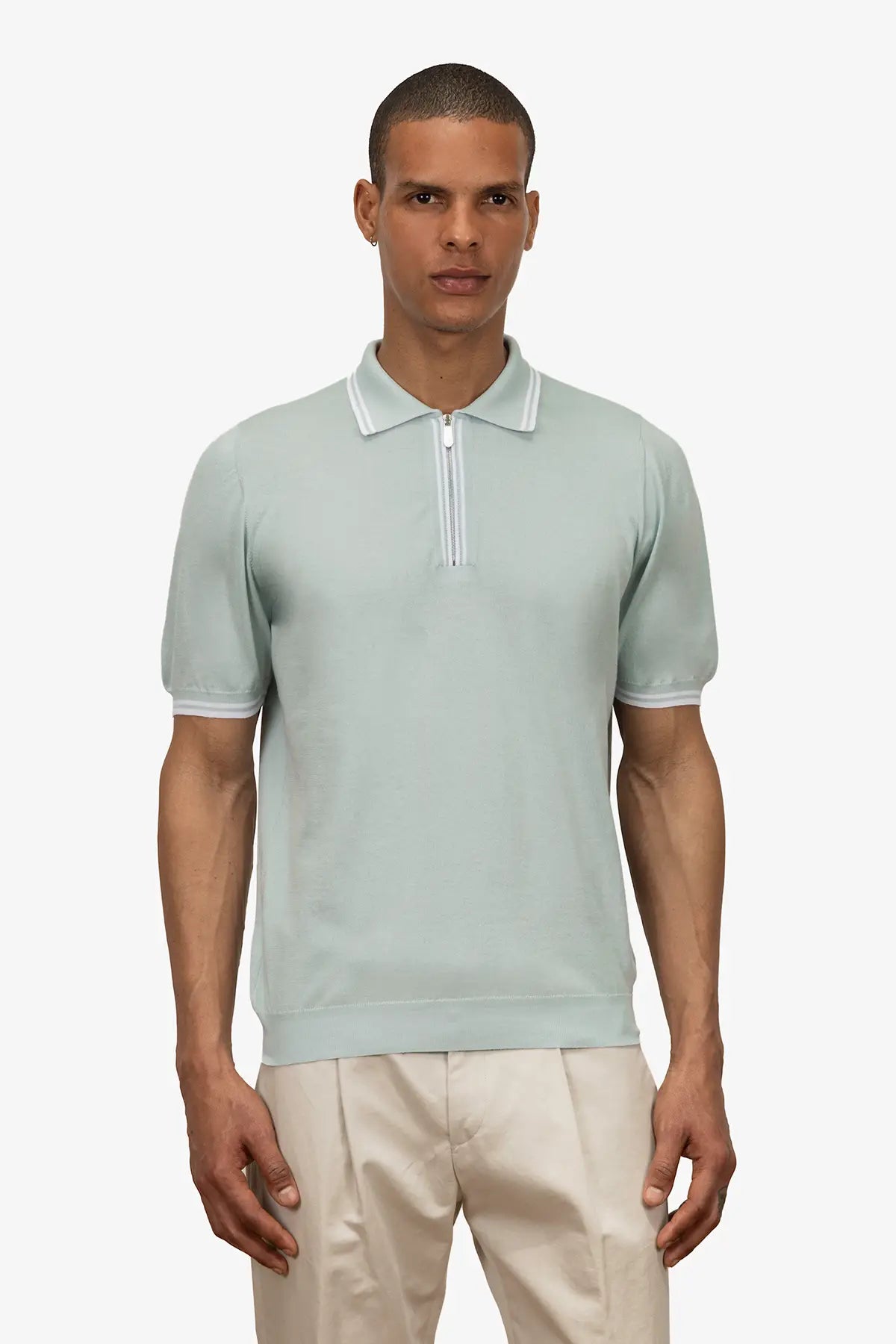 Polo mezza manica con zip in 100% Cotone Supersoft Azzurro Pastello e Bianco | SVEVO