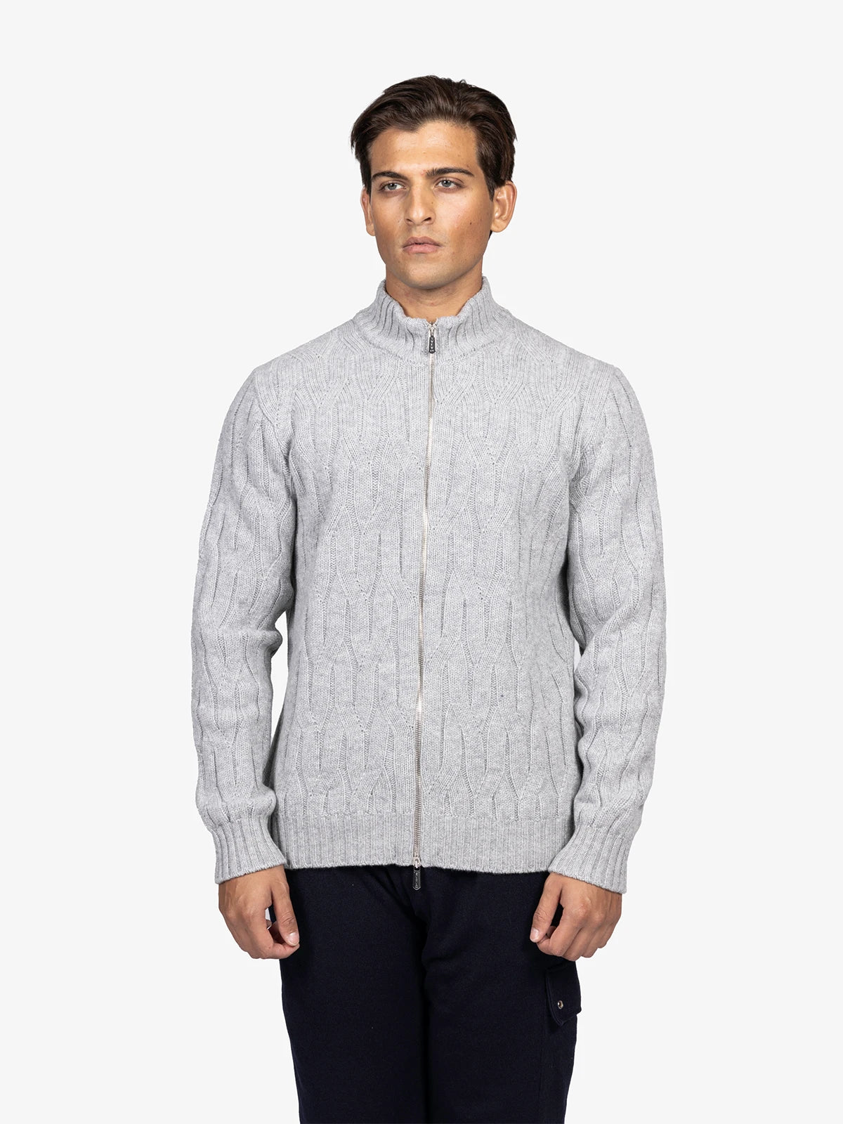 Giubbotto full zip con trecce in 100% lana grigio | SVEVO