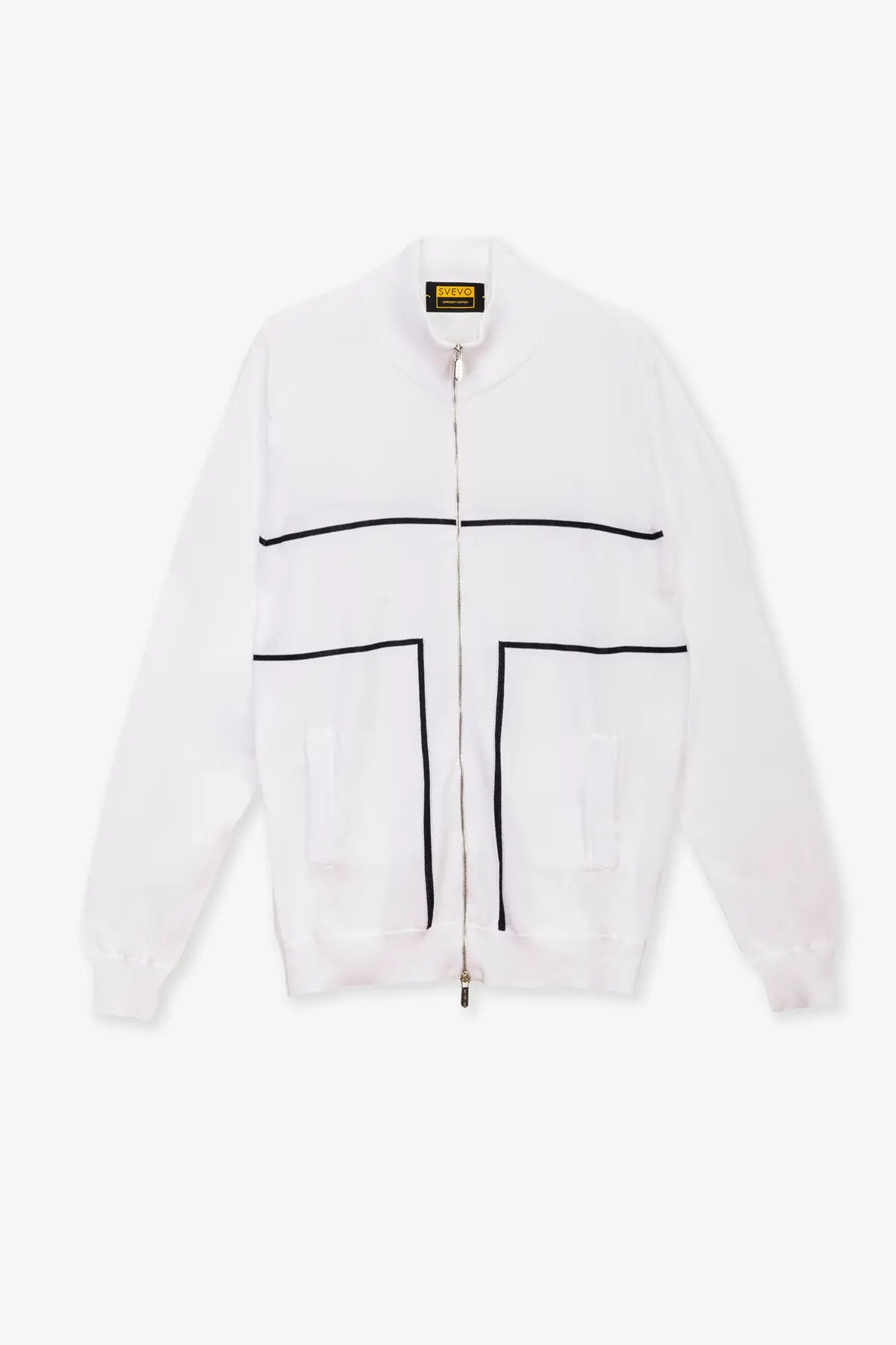 Giubbotto manica lunga con zip e righe intarsio in 100% Cotone Supersoft Bianco e Blu | SVEVO