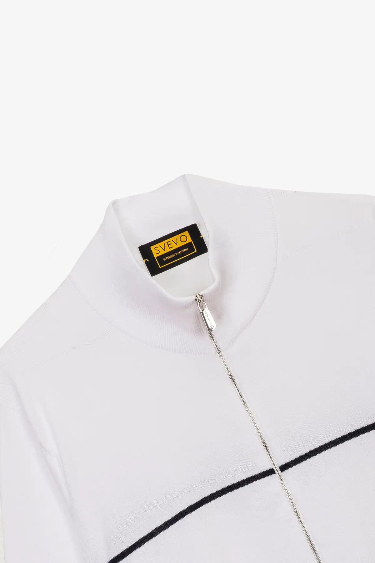 Giubbotto manica lunga con zip e righe intarsio in 100% Cotone Supersoft Bianco e Blu | SVEVO