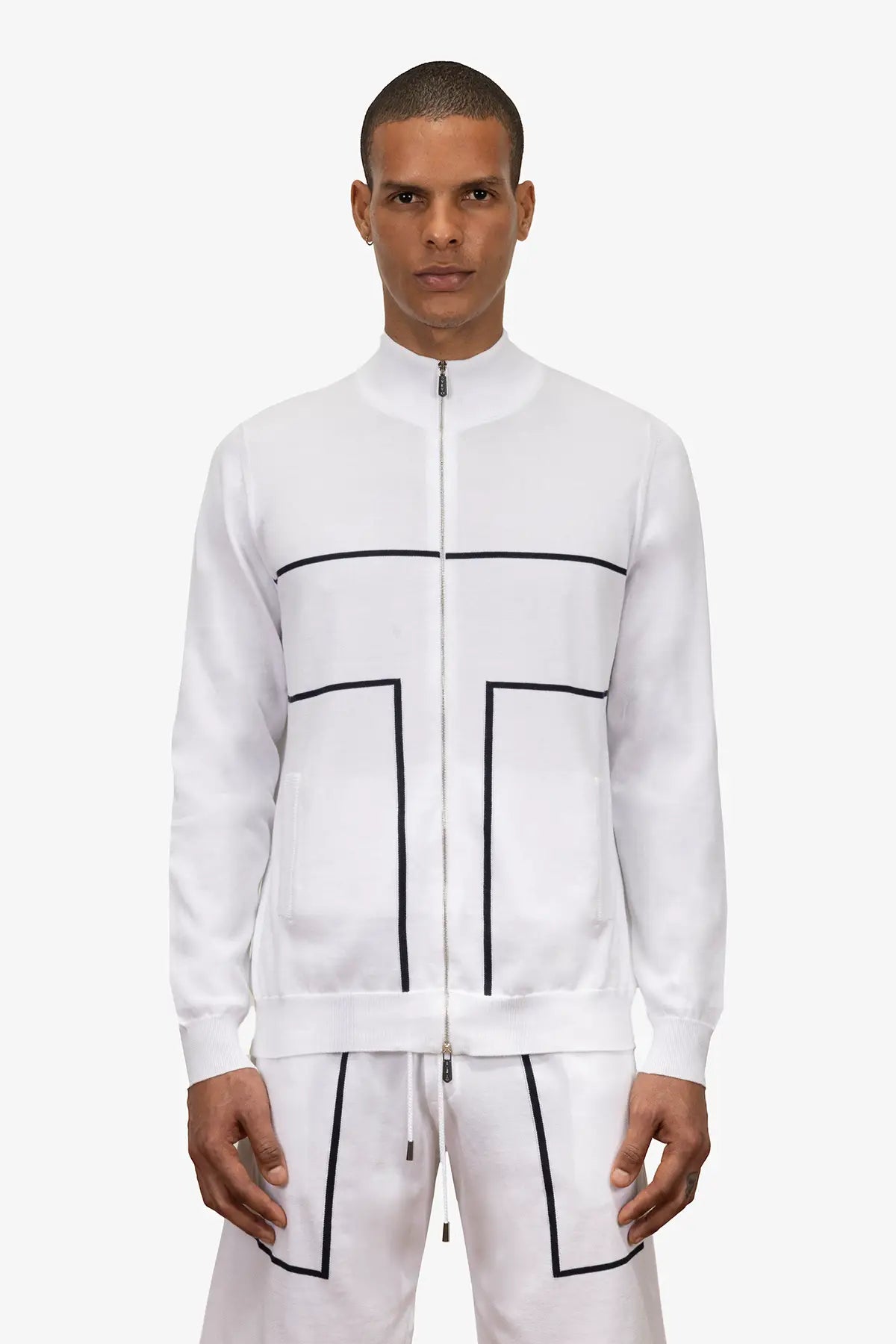 Giubbotto manica lunga con zip e righe intarsio in 100% Cotone Supersoft Bianco e Blu | SVEVO